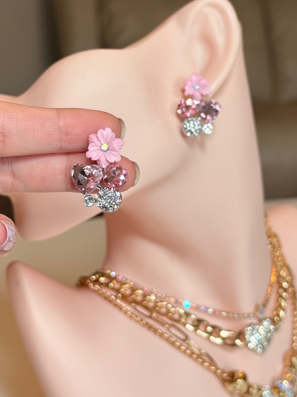 Pink Flower Cluster Crystal Stud Earrings - Picture 5 of 12